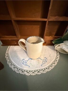Handcrafted Cream Ceramic Pitcher with Blue Rim - Home Kitchen Cookware